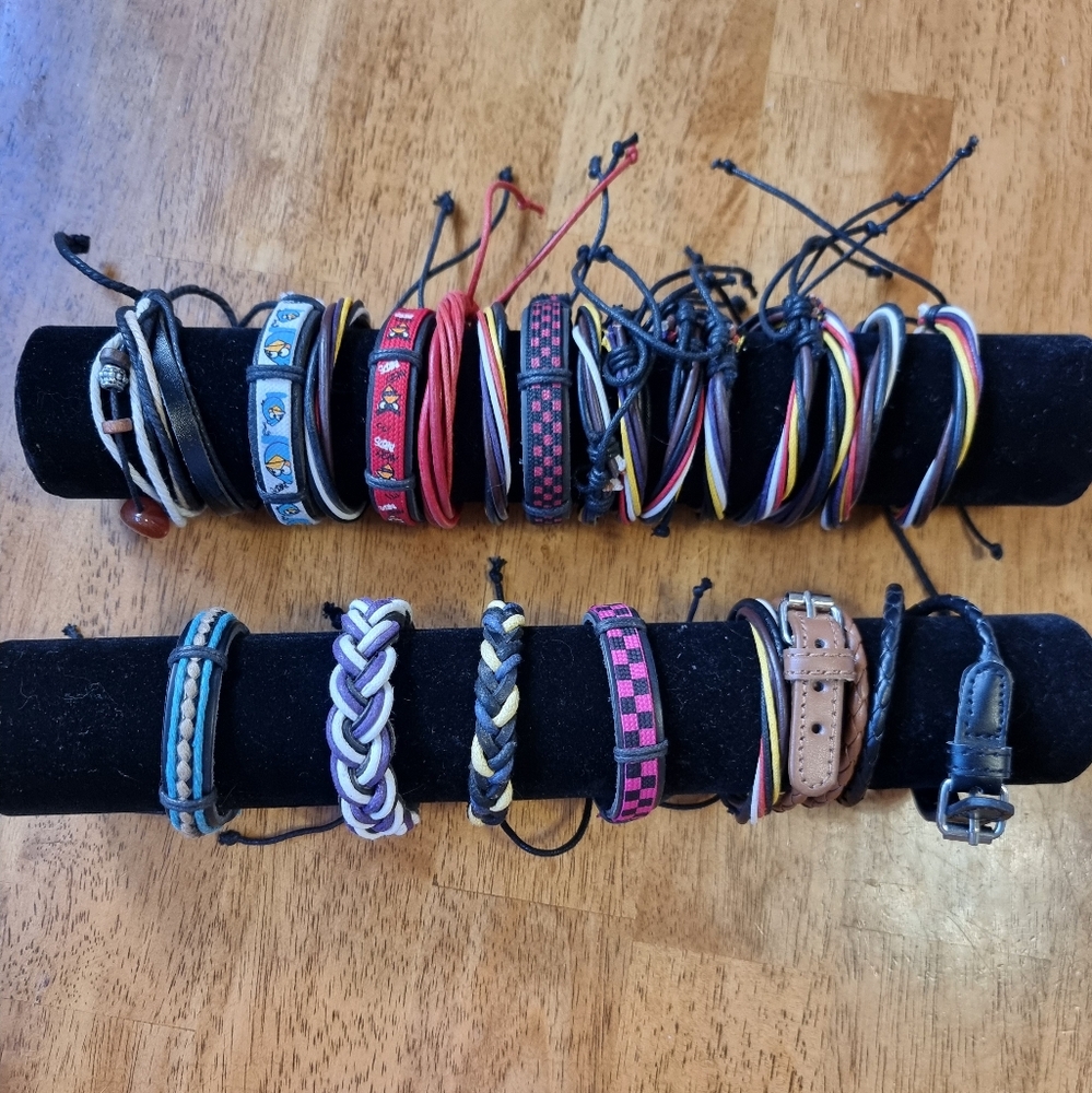 Colorful Assorted Leather Adjustable Cuff Unisex Bracelets Set Of 22